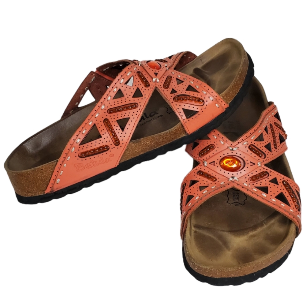 Birkenstock Betulas "Joyce" Beaded Laser Cut Cross Strap Sandals Salmon Size 7